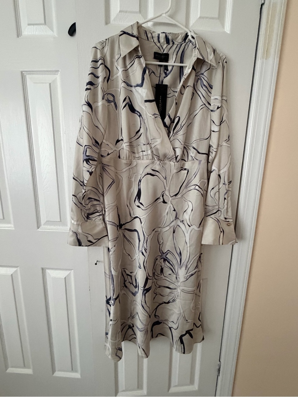 Donna Karan Cream Dress with Navy Abstract Floral Print